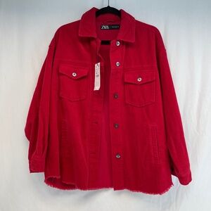 Zara Corduroy Button Up Oversized Shirt Red Women’s Small NEW WITH TAG
